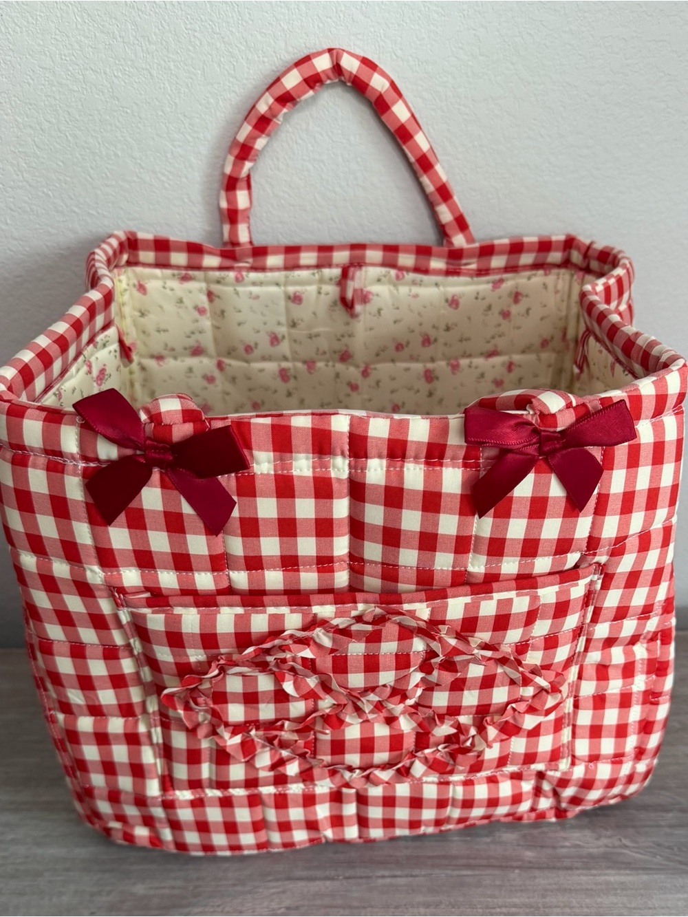 Red Gingham Check Lined Foldable Washable Storage Travel Baby Teacher Bag Tote